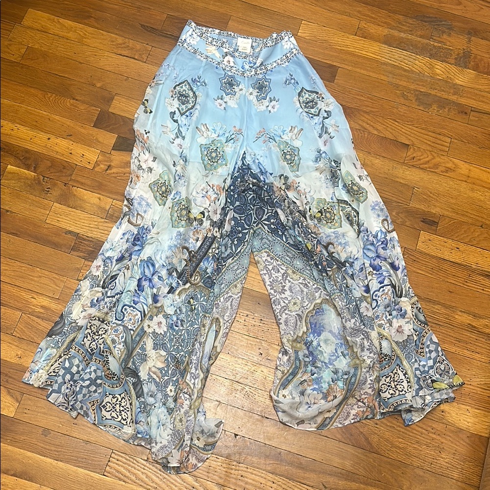 Camilla Al Manial Palace Embellished Printed Silk-crepon Wide Leg Pants size S